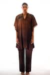 Shop_Sakshi Khetterpal_Brown Crepe Embroidery V-neck Hand Kaftan And Pant Set _at_Aza_Fashions