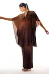 Buy_Sakshi Khetterpal_Brown Crepe Embroidery V-neck Hand Kaftan And Pant Set _at_Aza_Fashions
