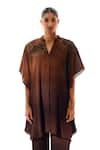 Buy_Sakshi Khetterpal_Brown Crepe Embroidery V-neck Hand Kaftan And Pant Set _Online_at_Aza_Fashions