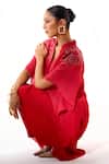 Sakshi Khetterpal_Red Crepe Embroidery Split V-neck, Collared Hand Kaftan And Pant Set _Online_at_Aza_Fashions