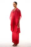Buy_Sakshi Khetterpal_Red Crepe Embroidery Split V-neck, Collared Hand Kaftan And Pant Set _at_Aza_Fashions