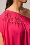 Sakshi Khetterpal_Pink Crepe Beads, Sequins, Embroidery One Shoulder Kaftan And Pant Set _at_Aza_Fashions