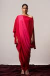 Buy_Sakshi Khetterpal_Red Crepe Embroidery Off-shoulder Ombre Hand Asymmetric Top And Harem Pant _at_Aza_Fashions
