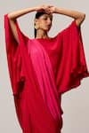 Sakshi Khetterpal_Red Crepe Embroidery Off-shoulder Ombre Hand Asymmetric Top And Harem Pant _Online_at_Aza_Fashions