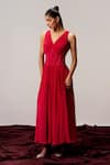 Buy_Sakshi Khetterpal_Red Crepe Embroidery V-neck V Pleated Maxi Dress _at_Aza_Fashions