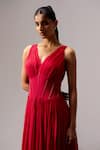 Shop_Sakshi Khetterpal_Red Crepe Embroidery V-neck V Pleated Maxi Dress _Online_at_Aza_Fashions