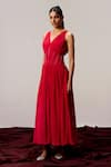 Sakshi Khetterpal_Red Crepe Embroidery V-neck V Pleated Maxi Dress _at_Aza_Fashions