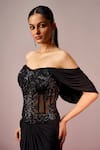 Shop_Sakshi Khetterpal_Black Lycra, Net Sequins, Beads, Embroidery Off Top And Draped Skirt Set _at_Aza_Fashions