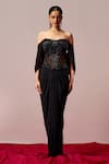 Buy_Sakshi Khetterpal_Black Lycra, Net Sequins, Beads, Embroidery Off Top And Draped Skirt Set _at_Aza_Fashions
