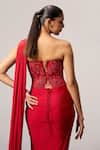 Shop_Sakshi Khetterpal_Red Net, Lycra Embroidery, Sequins Bandeau Neck Strapless Draped Saree Gown _at_Aza_Fashions