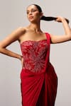 Sakshi Khetterpal_Red Net, Lycra Embroidery, Sequins Bandeau Neck Strapless Draped Saree Gown _Online_at_Aza_Fashions