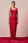Buy_Sakshi Khetterpal_Red Crepe, Lycra Embroidery, Beads Sweetheart Neck Hand Top And Draped Skirt Set _Online_at_Aza_Fashions