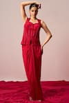 Buy_Sakshi Khetterpal_Red Crepe, Lycra Embroidery, Beads Sweetheart Neck Hand Top And Draped Skirt Set _at_Aza_Fashions