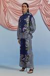 Pozruh By Aiman_Blue Linen, Organza Embroidery Collared, Bali Breeze Printed Shirt And Pant Set _Online_at_Aza_Fashions