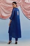 Shop_Pozruh By Aiman_Blue Linen, Satin Embroidery V-neck Amore Kurta Set _at_Aza_Fashions