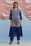 Buy_Pozruh By Aiman_Blue Linen, Satin Embroidery V-neck Amore Kurta Set _at_Aza_Fashions