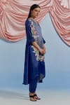 Pozruh By Aiman_Blue Linen, Satin Embroidery V-neck Amore Kurta Set _at_Aza_Fashions
