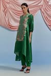 Shop_Pozruh By Aiman_Green Linen, Satin Embroidery V-neck Amore Printed Kurta And Pant Set _Online_at_Aza_Fashions