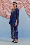 Buy_Pozruh By Aiman_Blue Linen, Satin, Silk Embroidery, Sequins, Lace Bouquet Top And Trouser Set _Online_at_Aza_Fashions