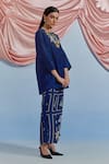Shop_Pozruh By Aiman_Blue Linen, Satin, Silk Embroidery, Sequins, Lace Bouquet Top And Trouser Set _Online_at_Aza_Fashions