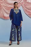 Buy_Pozruh By Aiman_Blue Linen, Satin, Silk Embroidery, Sequins, Lace Bouquet Top And Trouser Set _at_Aza_Fashions