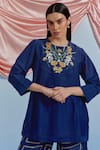 Pozruh By Aiman_Blue Linen, Satin, Silk Embroidery, Sequins, Lace Bouquet Top And Trouser Set _at_Aza_Fashions
