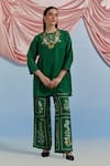 Buy_Pozruh By Aiman_Green Linen, Organza, Satin, Silk Embroidery, Sequins, Bouquet Top And Pant Set _at_Aza_Fashions