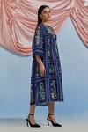Pozruh By Aiman_Blue Linen, Organza Embroidery Round Neck Bouquet Print Pleated Dress _Online_at_Aza_Fashions