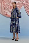 Buy_Pozruh By Aiman_Blue Linen, Organza Embroidery Round Neck Bouquet Print Pleated Dress _Online_at_Aza_Fashions
