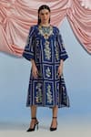 Buy_Pozruh By Aiman_Blue Linen, Organza Embroidery Round Neck Bouquet Print Pleated Dress _at_Aza_Fashions