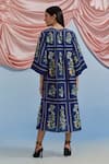 Shop_Pozruh By Aiman_Blue Linen, Organza Embroidery Round Neck Bouquet Print Pleated Dress _at_Aza_Fashions