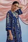 Shop_Pozruh By Aiman_Blue Linen, Organza Embroidery Round Neck Bouquet Print Pleated Dress _Online_at_Aza_Fashions