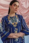 Pozruh By Aiman_Blue Linen, Organza Embroidery Round Neck Bouquet Print Pleated Dress _at_Aza_Fashions