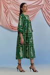 Pozruh By Aiman_Green Linen, Organza Embroidery Round Neck Bouquet Print Pleated Dress _Online_at_Aza_Fashions