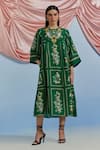 Buy_Pozruh By Aiman_Green Linen, Organza Embroidery Round Neck Bouquet Print Pleated Dress _at_Aza_Fashions
