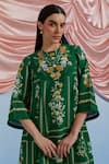 Buy_Pozruh By Aiman_Green Linen, Organza Embroidery Round Neck Bouquet Print Pleated Dress _Online_at_Aza_Fashions