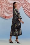 Pozruh By Aiman_Black Linen, Organza Embroidery, Foil Printing Round Bouquet Pleated Midi Dress _Online_at_Aza_Fashions