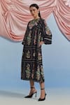 Buy_Pozruh By Aiman_Black Linen, Organza Embroidery, Foil Printing Round Bouquet Pleated Midi Dress _Online_at_Aza_Fashions