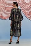Shop_Pozruh By Aiman_Black Linen, Organza Embroidery, Foil Printing Round Bouquet Pleated Midi Dress _at_Aza_Fashions