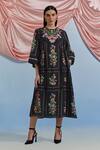 Buy_Pozruh By Aiman_Black Linen, Organza Embroidery, Foil Printing Round Bouquet Pleated Midi Dress _at_Aza_Fashions