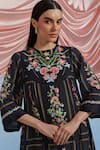 Pozruh By Aiman_Black Linen, Organza Embroidery, Foil Printing Round Bouquet Pleated Midi Dress _at_Aza_Fashions