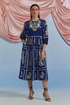 Buy Pozruh By Aiman Blue Linen, Organza Embroidery, Sequins Round Neck Bouquet Print Dress at Aza Fashions Buy_Pozruh By Aiman_Blue Linen, Organza Embroidery, Sequins Round Neck Bouquet Print Dress _at_Aza_Fashions
