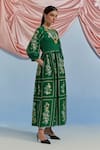 Pozruh By Aiman_Green Organza Embroidery, Sequins Round Neck Bouquet Print Midi Dress _at_Aza_Fashions