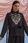 Buy_Pozruh By Aiman_Black Linen, Satin, Silk Embroidery, Lace Bouquet Print Bib Top And Trouser Set _Online_at_Aza_Fashions