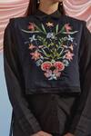 Pozruh By Aiman_Black Linen, Satin, Silk Embroidery, Lace Bouquet Print Bib Top And Trouser Set _at_Aza_Fashions