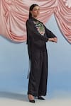 Buy_Pozruh By Aiman_Black Linen, Satin, Silk Embroidery, Lace Bouquet Print Bib Top And Trouser Set 