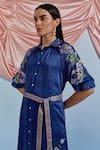 Pozruh By Aiman_Blue Linen, Satin Embroidery, Sequins, Beads Collared, Doe Printed Shirt Dress _Online_at_Aza_Fashions