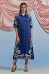 Pozruh By Aiman_Blue Linen, Satin Embroidery, Sequins, Beads Collared, Doe Printed Shirt Dress _at_Aza_Fashions