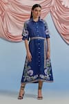 Buy_Pozruh By Aiman_Blue Linen, Satin Embroidery, Sequins, Beads Collared, Doe Printed Shirt Dress _at_Aza_Fashions