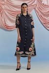 Shop_Pozruh By Aiman_Black Linen, Satin Embroidery, Sequins, Beads Collared Doe Printed Shirt Dress _Online_at_Aza_Fashions